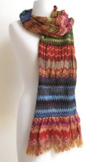 Zig Zag Crushed Striped Wool Knit Scarf with Fringe Multi