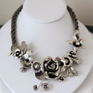 Pearls Plus Silvertone Crystal Leaves and Flowers Necklace