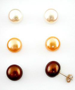 DaVonna 14k Gold Brown White and Golden FW Pearl Stud Earrings Set (9