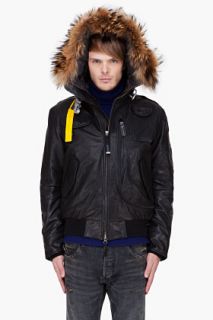Parajumpers Black Raccoon Fur Trim Leather Gobi Jacket for men