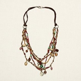Glass Goldtone and Brown Multi strand Beaded Necklace (India