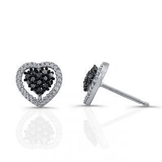 Sterling Silver 1/4ct TDW Black and White Diamond Heart Earrings (JK