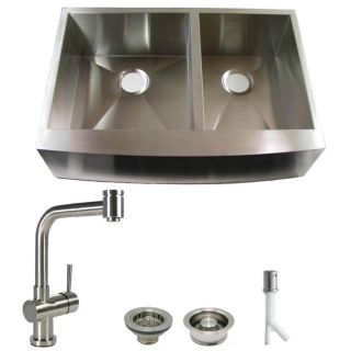DeNovo Double Bowl Stainless Steel Farmhouse Kitchen Sink and Faucet