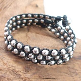 Set of 3 Black Cotton Wax Rope Silver Beads Radiance Bracelet