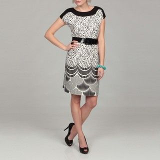 Spense Womens Black/ White Abstract Belted Dress
