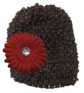 Dark Brown Crochet Hat with Red Daisy Flower Clothing