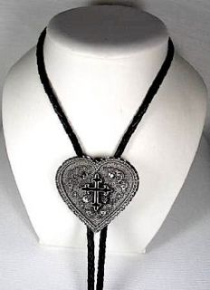 Diamondcut Heart w/Black Cross Enamel Religious Bolo Tie