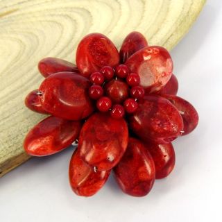 Red Lotus Coral Stone Floral Pin/ Brooch (Thailand)