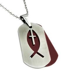 Two tone Stainless Steel Fisherman Cross Double Dog Tag Necklace