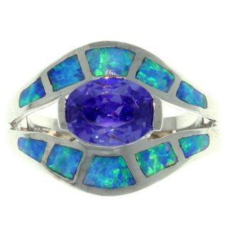 CGC Sterling Silver Cubic Zirconia and Created Opal Exotic Shape Ring