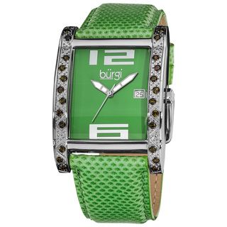 Burgi Womens Green Rectangle Face Swiss Quartz Leather Strap Watch