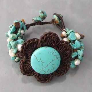 Crochet Flower Turquoise/ Tigers Eye/ Pearl Bracelet (Thailand