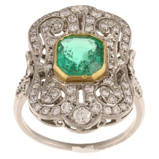 Platinum Emerald and 4/5ct TDW Diamond Cocktail Estate Ring (I J, SI2
