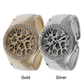 Geneva Platinum Womens Rhinestone Leopard Print Cuff Watch