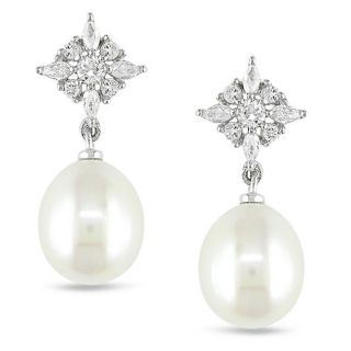 Miadora Sterling Silver Cubic Zirconia and White Pearl Earrings (9 9.5