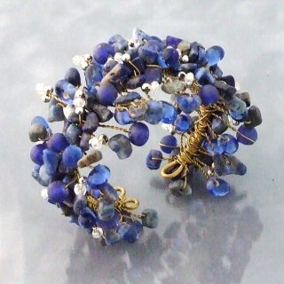 Wide Web Works Goldtone Blue Lapis Weave Cuff Bracelet
