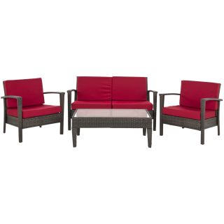 Outdoor Living Brown PE Wicker Red Cushion Glass Top 4 piece Patio Set