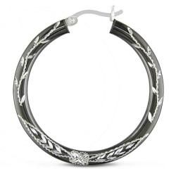 Miadora Sterling Silver Grey Rhodium Flower Design Hoop Earrings